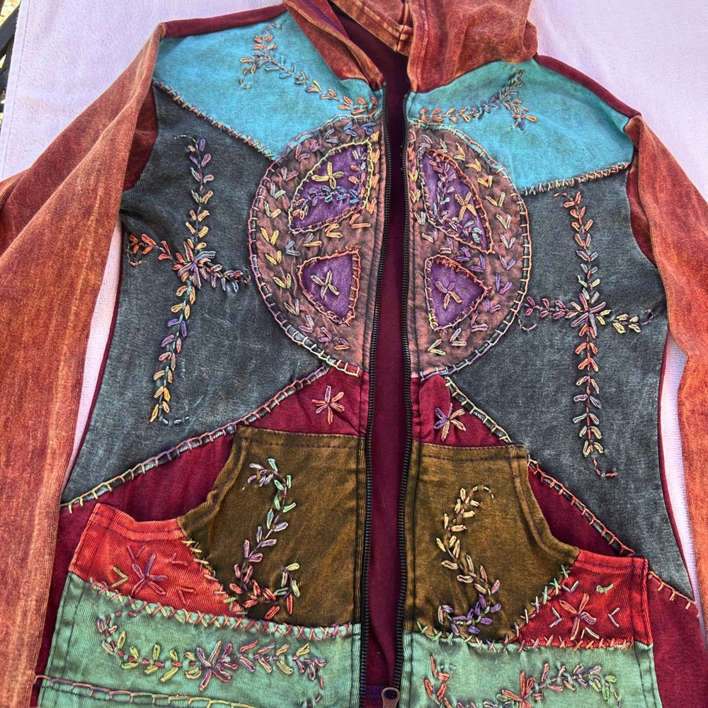 Hippie Boho Cotton Embroidered Full Zip Jacket Size M - Picture 2 of 6